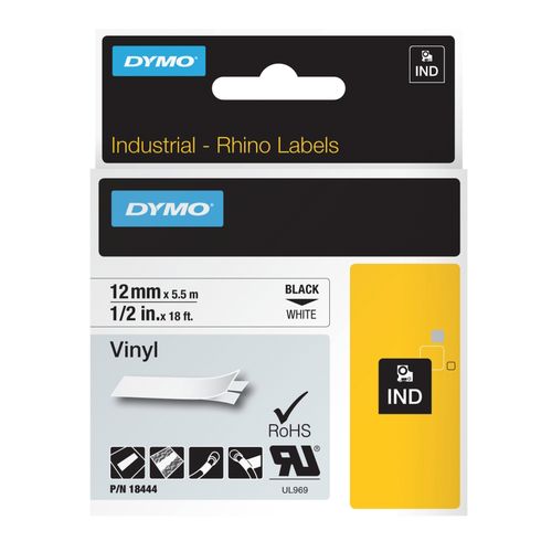 Dymo Rhino Tape Vinyl 12mm x 5.5M Black On White
