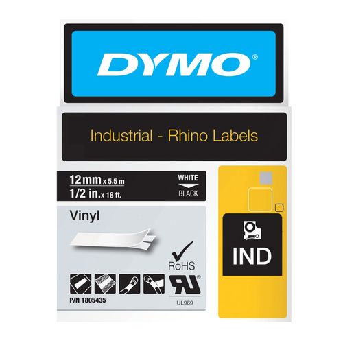 Dymo Rhino Tape Vinyl 12mm x 5.5M White On Black