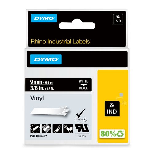 Dymo Rhino Tape Vinyl 9mm x 5.5M White On Black