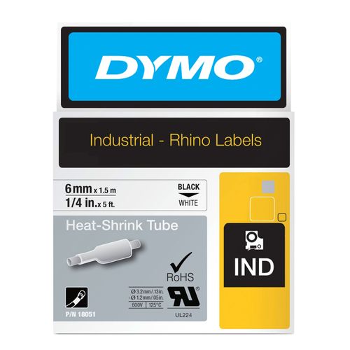 Dymo Rhino Tape Heat Shrink Tube 6mm x 1.5M Black On White