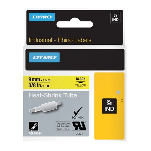 Dymo Rhino Tape Heat Shrink Tube 9mm x 1.5M Black On Yellow