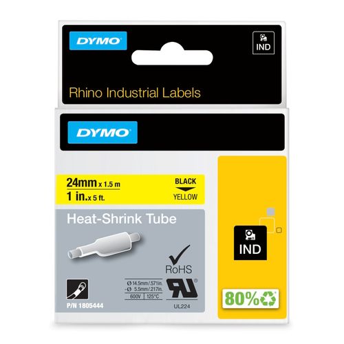 Dymo Rhino Tape Heat Shrink Tube 12mm x 1.5M Black On Yellow