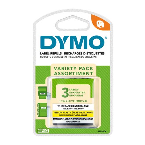 Dymo Letratag Plastic Label Tape 12mm Assorted Pack 3
