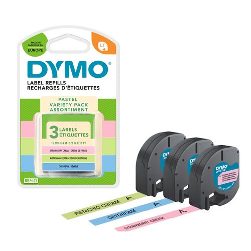 Dymo Letratag Plastic Label Tape 12mm Assorted Pastel Pack 3