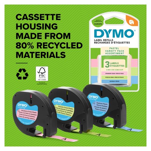 Dymo Letratag Plastic Label Tape 12mm Assorted Pastel Pack 3
