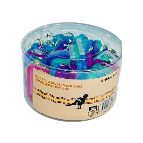 Bibbulmun Key Tags Assorted Fluorescent Colours Pack of 50 with Reusable Container