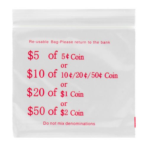 Marbig Professional Press Seal Coin Bags 60mic 110x100mm Clear/Red Pack 1000
