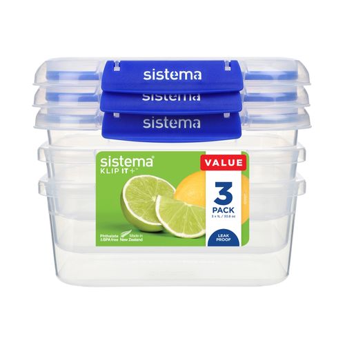 Sistema Klip It Plus Rectangular Food Storage Container 1L Pack 3