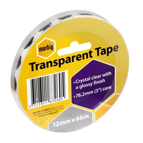 Marbig Clear Office Tape 12mm x 66M - for large dispensers
