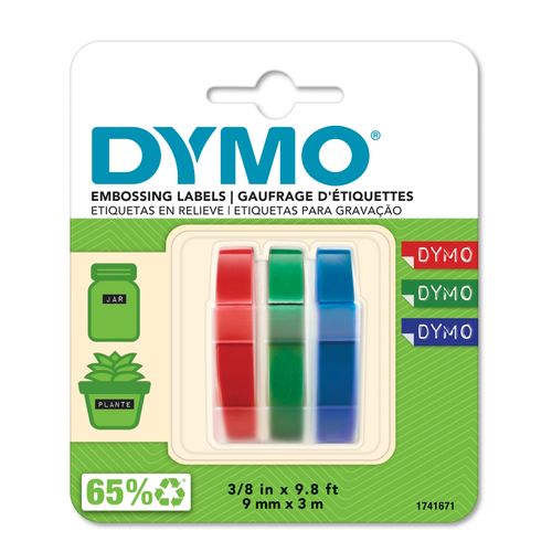 Dymo Embosser Tape 9mm x 3m Blue, Red, Green Pack 3