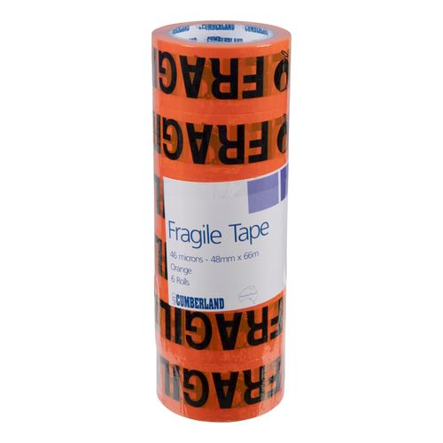 Cumberland Fragile Tape Fluoroescent Orange/Black 48mm x 66M Pack 6