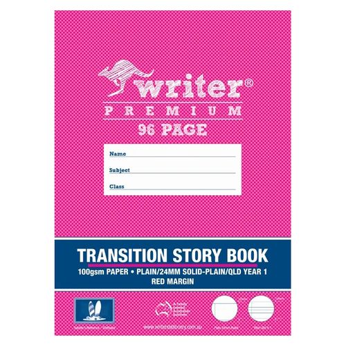 Writer Premium 96pg Transition Story Book 1/2pg Plain-1/2 pg ruled 24mm solid, Qld Year 1 ruled + red margin