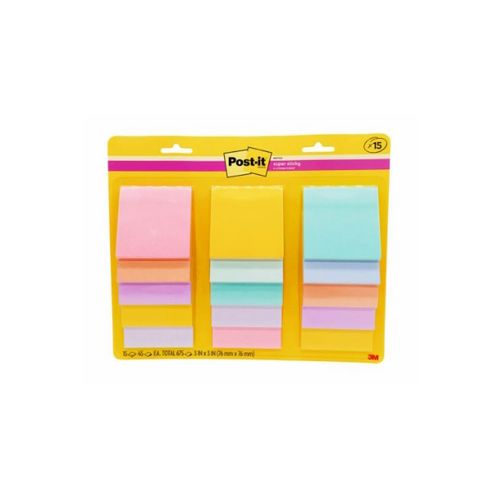 Post-it Super Sticky Notes 654-15 76x76mm Assorted Colour 45 Sheets/Pad Pack 15