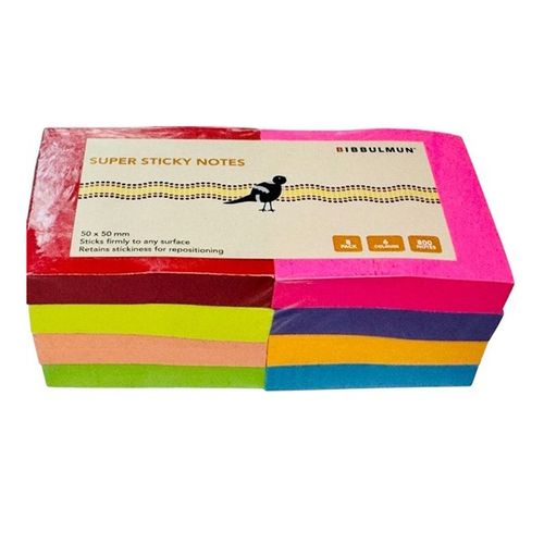 Bibbulmun Super Sticky Notes 50mm x 50mm Pack of 8 Assorted Colours