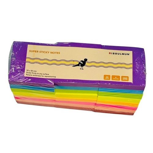 Bibbulmun Super Sticky Notes 50mm x 50mm Pack of 24 Assorted Colours