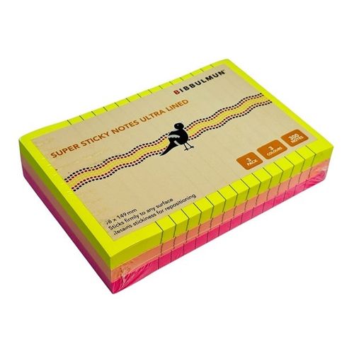 Bibbulmun Super Sticky Notes Ultra Lined 98mm x 149mm 3 Neon Colours 300 Sheets