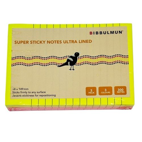 Bibbulmun Super Sticky Notes Ultra Lined 98mm x 149mm 3 Neon Colours 300 Sheets
