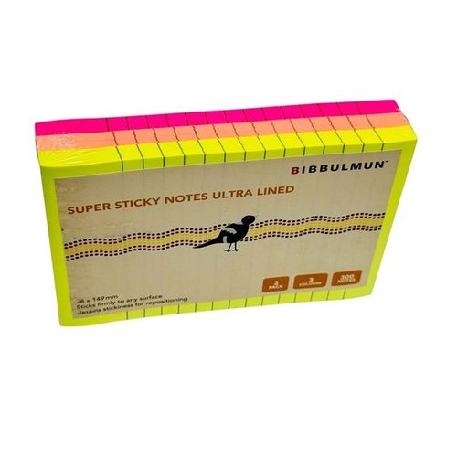 Bibbulmun Super Sticky Notes Ultra Lined 98mm x 149mm 3 Neon Colours 300 Sheets