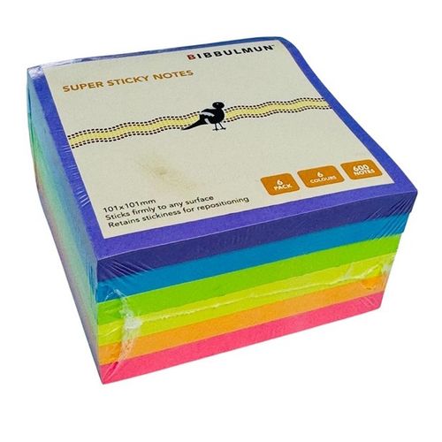 Bibbulmun Super Sticky Notes 101mm x 101mm 6 Neon Colours 600 Sheets Pack of 6