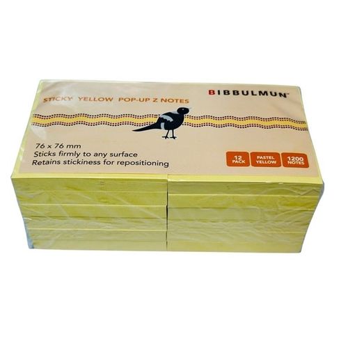 Bibbulmun Pop-Up Z Line Sticky Notes 76mm x 76mm Pastel Yellow 12 Pack 1200 Notes