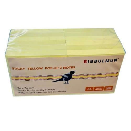 Bibbulmun Pop-Up Z Line Sticky Notes 76mm x 76mm Pastel Yellow 12 Pack 1200 Notes