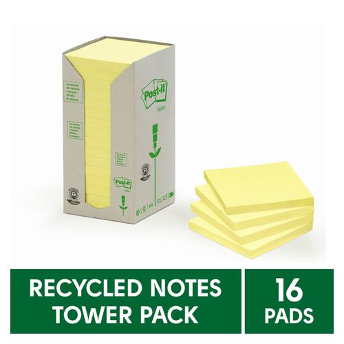 Post-It Notes 654-1T 76x76mm Recycled Yellow Pack 16