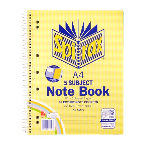 Spirax 596C 5 Subject Notebook Coloured A4 250 Page