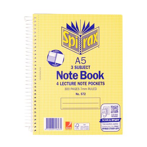 Spirax 572 A5 3 Subject Notebook with 300 Pages