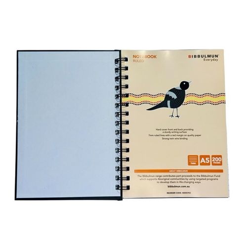 Bibbulmun Hardcover A5 size Notebook 200page 7mm Ruled Recycled Paper Twin Spiral Wiro Binding