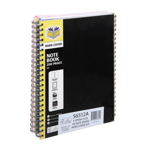 Spirax Notebook Spiral 512 A4 Hardcover Assorted Pack 4