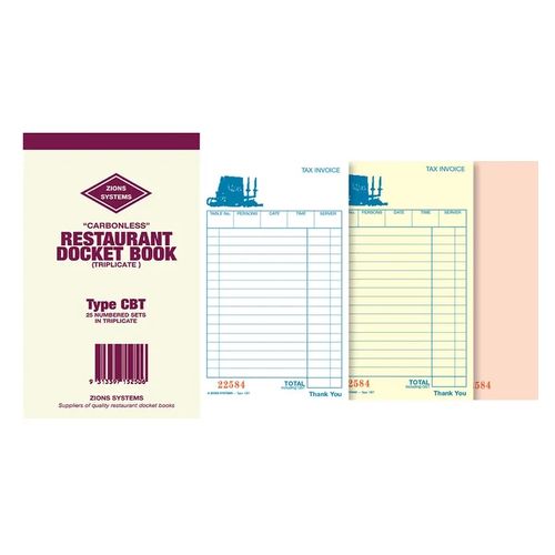 Zions Restaurant Docket Book Carbonless Triplicate