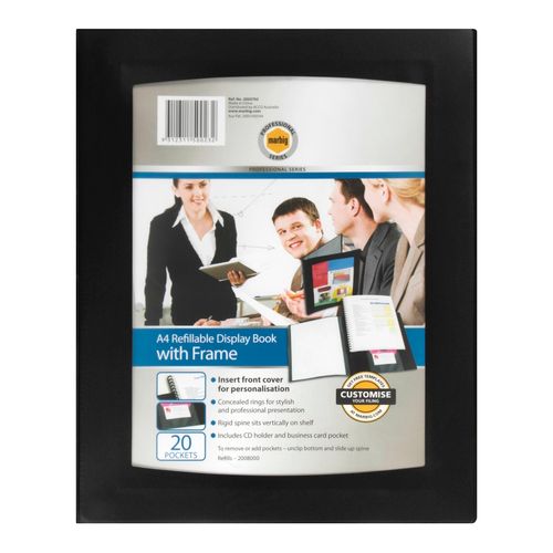 Marbig Professional Refillable Display Book 20 Pocket With Frame Black