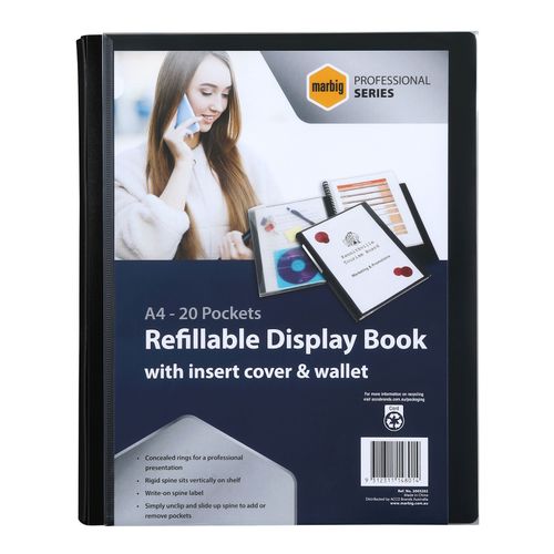 Marbig Professional Refillable Display Book 20 Pocket Black With Wallet