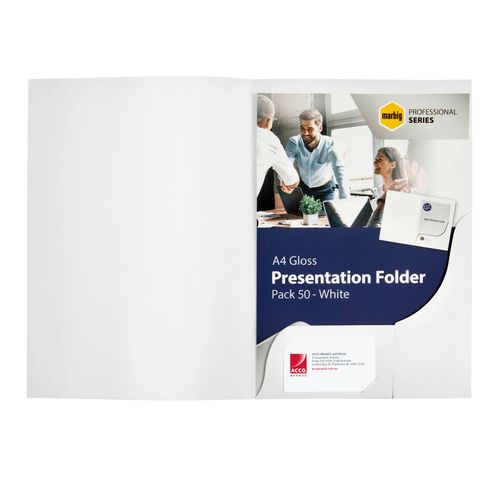 Marbig Professional Series A4 Presentation Folders With Gloss Pack 50 White