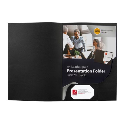 MarbigProfessional Presentation Folders A4 Leathergrain Black Pack 20