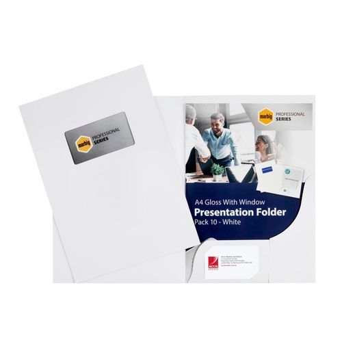 Marbig Professional Series A4 Presentation Folders With Window Gloss Pack 10 White