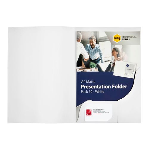 Marbig Professional Series A4 Matt Presentation Folders Pack 50 White