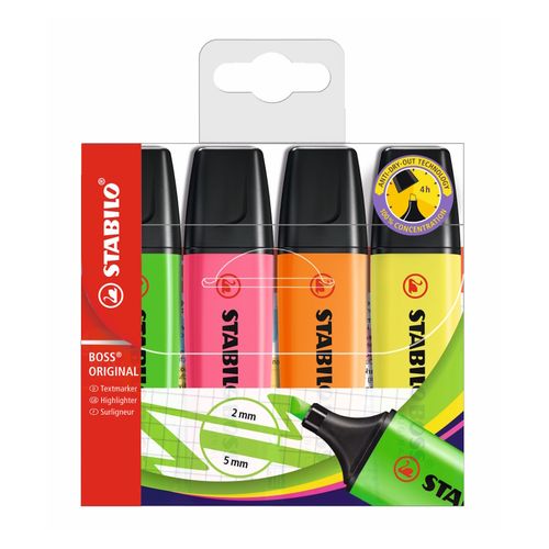 Stabilo Boss Highlighter Assorted Wallet 4 - Yellow Green Orange Pink