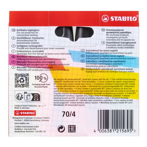 Stabilo Boss Highlighter Assorted Wallet 4 - Yellow Green Orange Pink