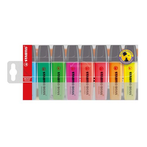 Stabilo Boss Highlighter Assorted Wallet 8 - Yellow Blue Green Red Turquoise Orange Pink Lilac