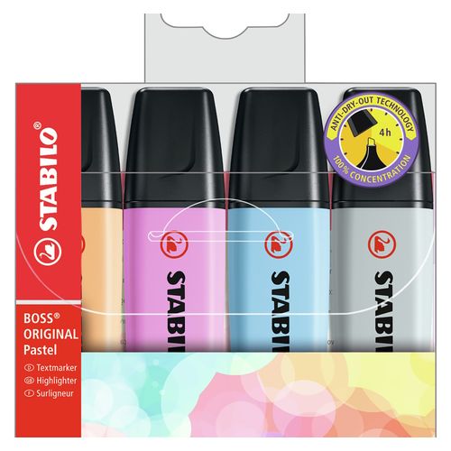 Stabilo Boss Highlighter Assorted Pastel Wallet 4 - Blue Fuschia Orange Grey