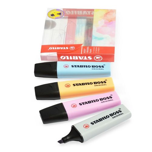 Stabilo Boss Highlighter Assorted Pastel Wallet 4 - Blue Fuschia Orange Grey