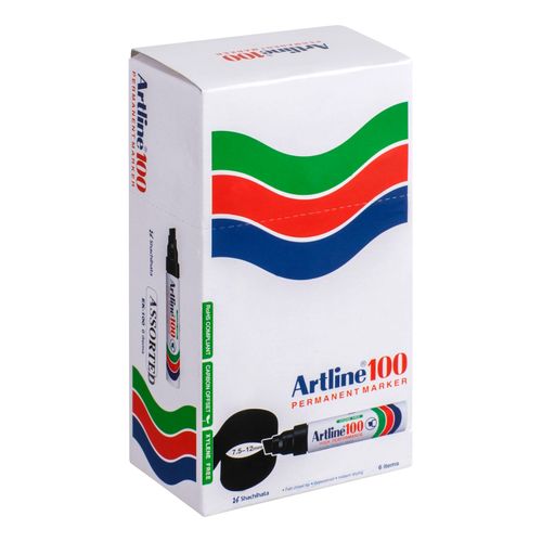 Artline 100 Permanent Marker 7.5-12mm Chisel Assorted Colours Box 6