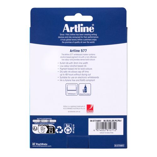 Artline 577 Whiteboard Marker 3mm Bullet Assorted Wallet 6