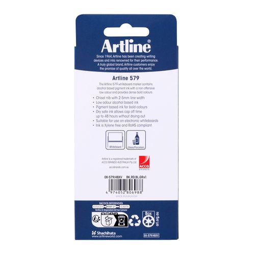 Artline 579 Whiteboard Marker 5mm Chisel Assorted Wallet 4