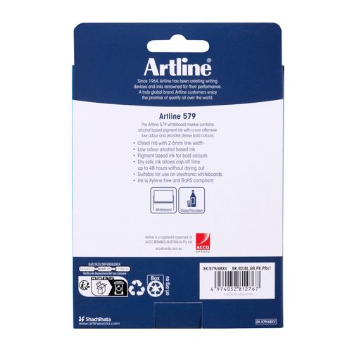 Artline 579 Whiteboard Marker 5mm Chisel Assorted Wallet 6