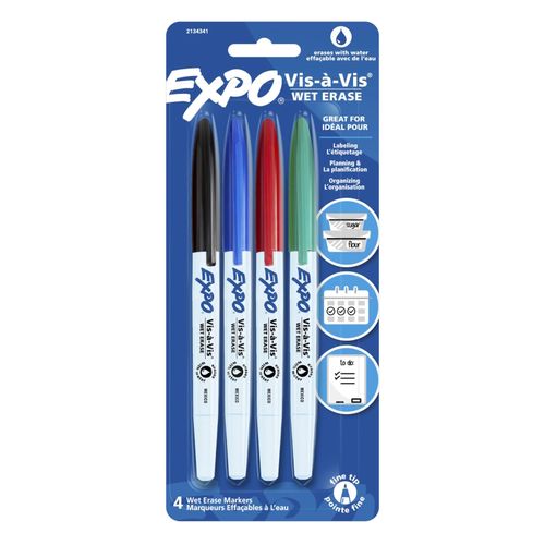 Expo Vis A Vis Wet Erase Whiteboard Marker Bullet Fine Assorted Pack 4