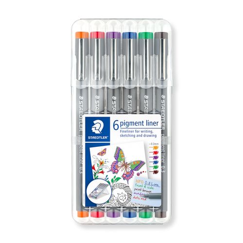 Staedtler Pigment Liner 0.3mm Wallet Of 6 Assorted Colours 30803-SSB6