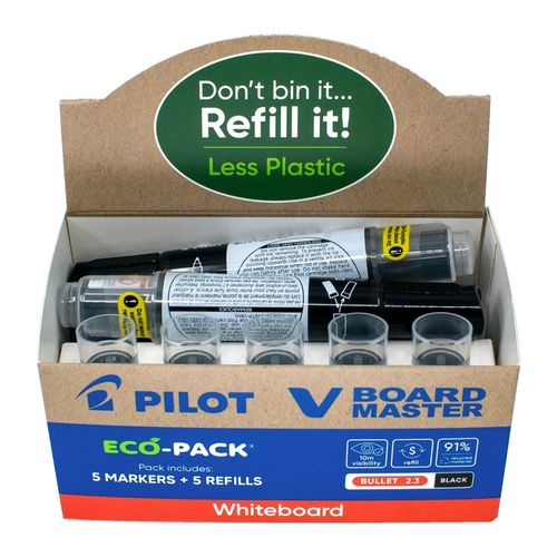 Pilot BegreeN V Board Master Whiteboard Marker Eco Pack Black Bullet - 5 Markers + 5 Refills