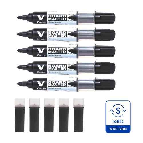 Pilot BegreeN V Board Master Whiteboard Marker Eco Pack Black Bullet - 5 Markers + 5 Refills